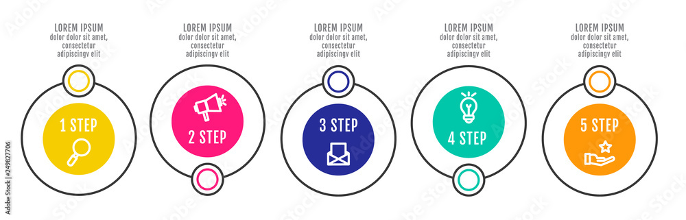Fototapeta premium Modern and simple flat vector illustration. Infographic template with five circles, elements, sectors and percentages. Designed for business, presentations, web design, interface 5 step diagrams