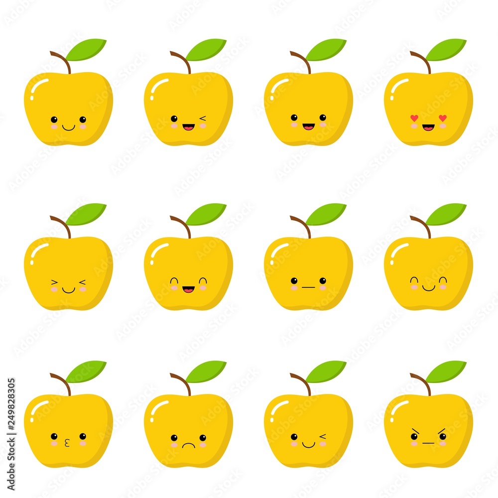 Kawaii yellow apple. Cute emoticon face on a white background. Emoticon icon. Kawaii yellow apple. Cute emoticon face on a white background. Emoticon icon.