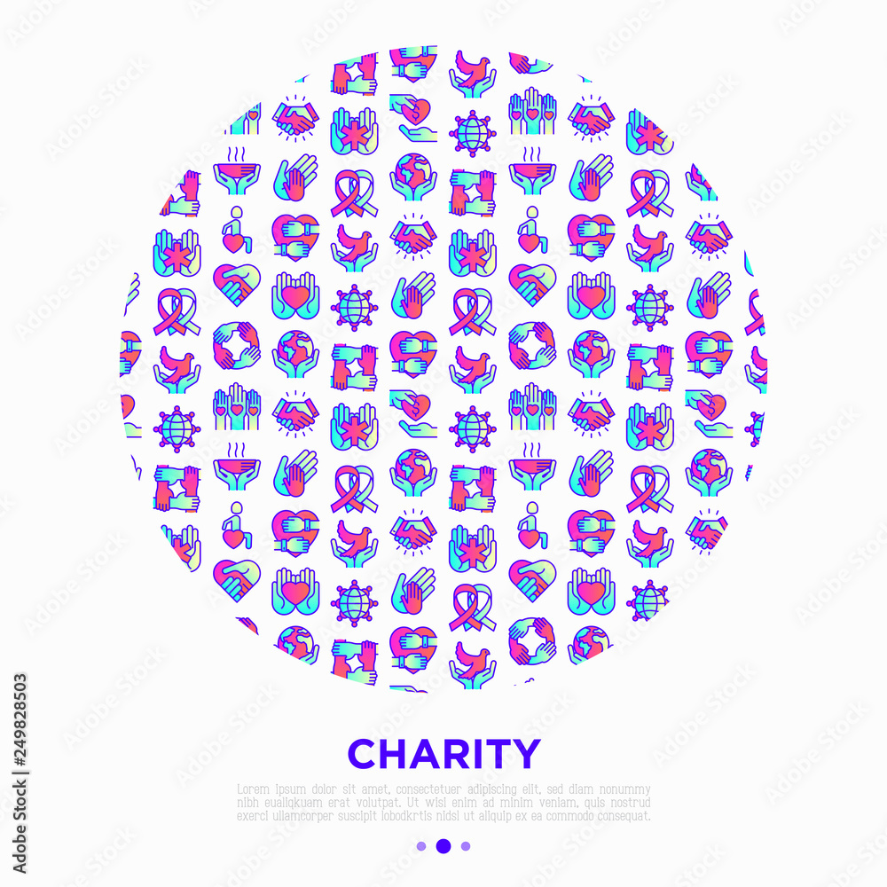 Charity concept in circle with thin line icons: donation, save world, reunion, humanitarian aid, ribbon, medical support, disabled people, life saving. Vector illustration, print media template. Charity concept in circle with thin line icons: donation, save world, reunion, humanitarian aid, ribbon, medical support, disabled people, life saving. Vector illustration, print media template.