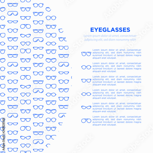 Eyeglasses concept with thin line icons: sunglasses, sport glasses, rectangular, aviator, wayfarer, round, square, cat eye, oval, extravagant, big size. Vector illustration for banner, print media. photo