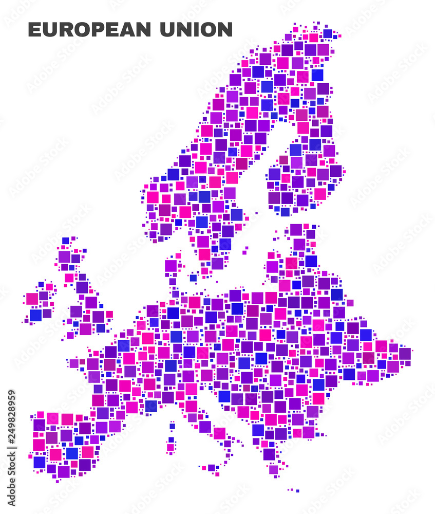 Mosaic European Union map isolated on a white background. Vector geographic abstraction in pink and violet colors. Mosaic of European Union map combined of random square items.