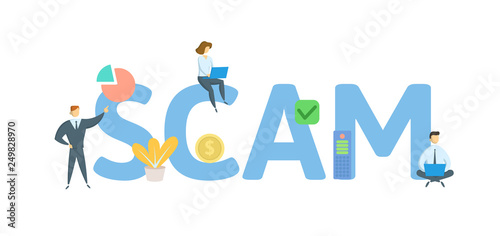 SCAM. Concept with people, letters and icons. Colored flat vector illustration. Isolated on white background.