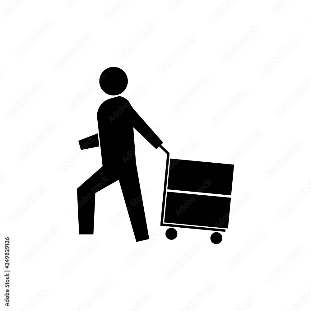 Trolley icon. illustration of a worker pulling a trolley. a man working on a trolley image - vector Trolley icon. illustration of a worker pulling a trolley. a man working on a trolley image - vector