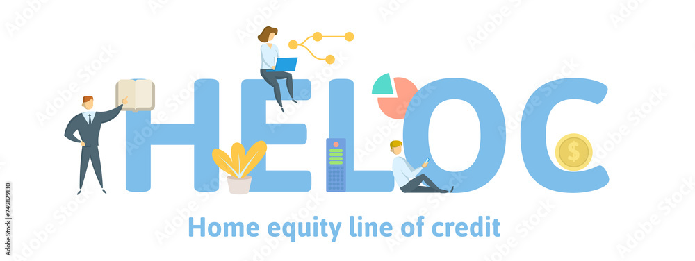 HELOC, Home Equity Line of Credit. Concept with keywords, letters and icons. Colored flat vector illustration. Isolated on white background.