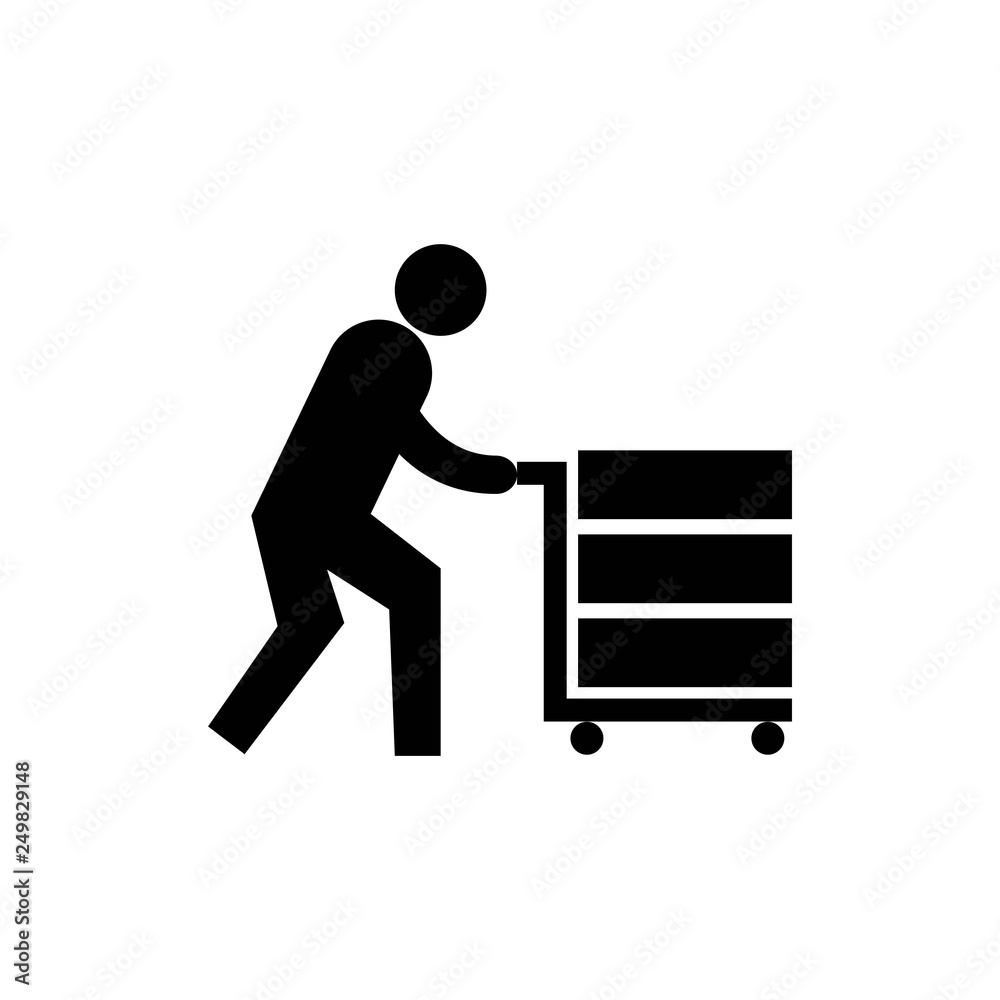 Trolley icon. illustration of a worker pulling a trolley. a man working on a trolley image - vector Trolley icon. illustration of a worker pulling a trolley. a man working on a trolley image - vector