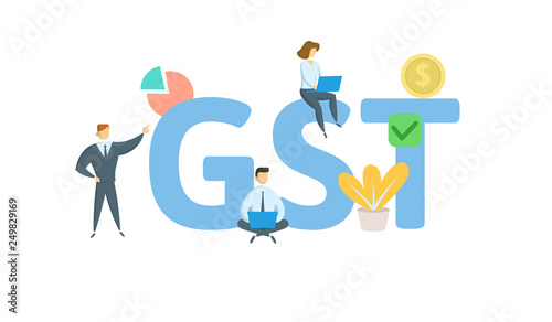 GST. Concept with people, letters and icons. Colored flat vector illustration. Isolated on white background.