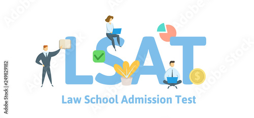 LSAT, Law School Admission Test. Concept with keywords, letters and icons. Colored flat vector illustration. Isolated on white background.