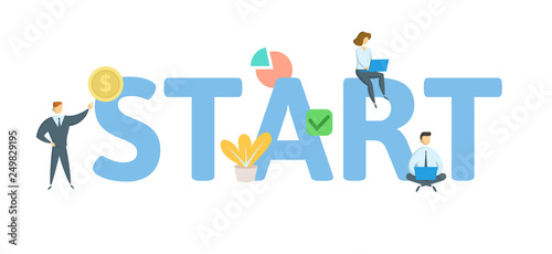 START. Concept with people, letters and icons. Colored flat vector illustration. Isolated on white background.