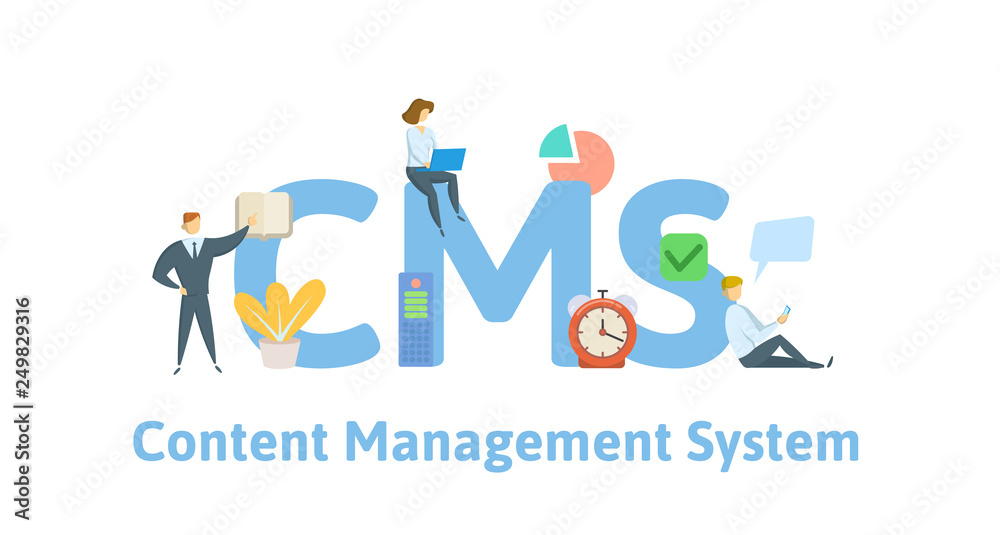 CMS, content management system. Concept with keywords, letters and icons. Colored flat vector illustration. Isolated on white background. CMS, content management system. Concept with keywords, letters and icons. Colored flat vector illustration. Isolated on white background.