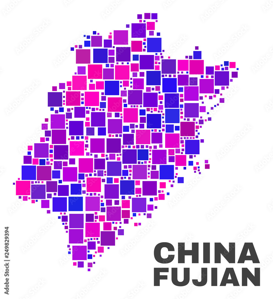 Mosaic Fujian Province map isolated on a white background. Vector geographic abstraction in pink and violet colors. Mosaic of Fujian Province map combined of random small squares.