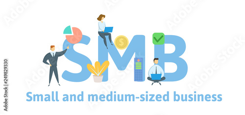 SMB, Small and Medium-Sized Business. Concept with keywords, letters and icons. Colored flat vector illustration. Isolated on white background.