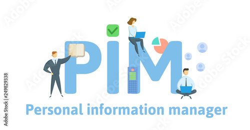 PIM, Personal Information Manager. Concept with keywords, letters and icons. Colored flat vector illustration. Isolated on white background. photo