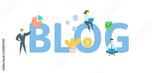 BLOG. Concept with people, letters and icons. Colored flat vector illustration. Isolated on white background.