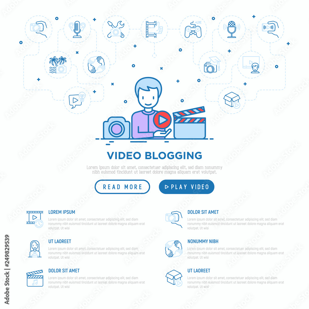 Video blogging concept with thin line icons: blogger making video with ...