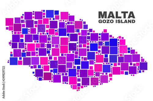 Mosaic Gozo Island map isolated on a white background. Vector geographic abstraction in pink and violet colors. Mosaic of Gozo Island map combined of scattered square elements.