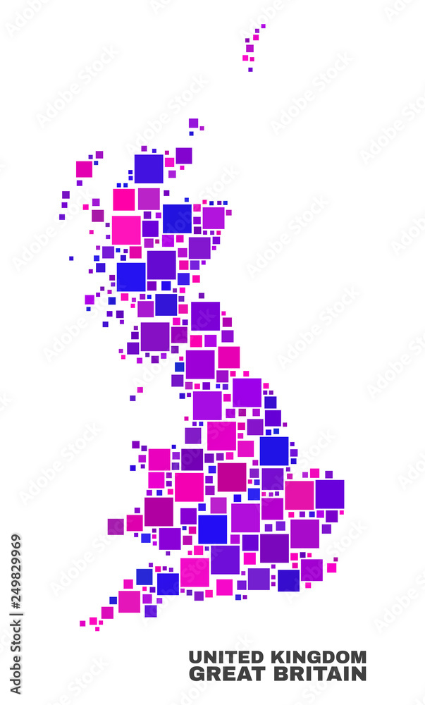 Mosaic Great Britain map isolated on a white background. Vector geographic abstraction in pink and violet colors. Mosaic of Great Britain map combined of random square items.