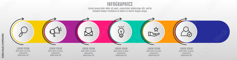Modern and simple 3D vector illustration. Infographic template with six circles, elements, sectors and arrows. Designed for business, presentations, web design, interface 6 step diagrams Modern and simple 3D vector illustration. Infographic template with six circles, elements, sectors and arrows. Designed for business, presentations, web design, interface 6 step diagrams