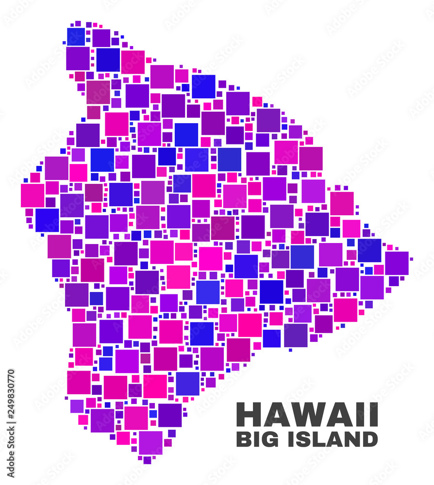 Mosaic Hawaii Big Island map isolated on a white background. Vector geographic abstraction in pink and violet colors. Mosaic of Hawaii Big Island map combined of random small squares.