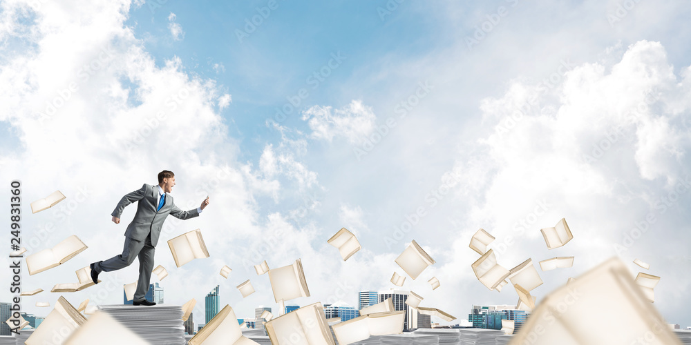 Precise businessman in suit running with phone. Precise businessman in suit running with phone.