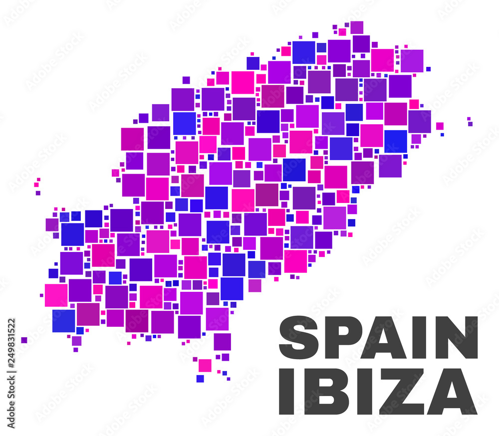Mosaic Ibiza Island map isolated on a white background. Vector geographic abstraction in pink and violet colors. Mosaic of Ibiza Island map combined of scattered square elements.