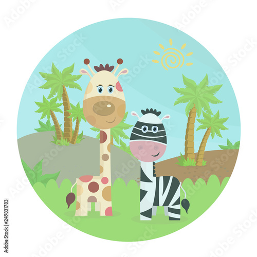 Zebra with giraffe in nature. Cartoon color vector illustration in a circle  landscape with animals palm trees and grass-Vector