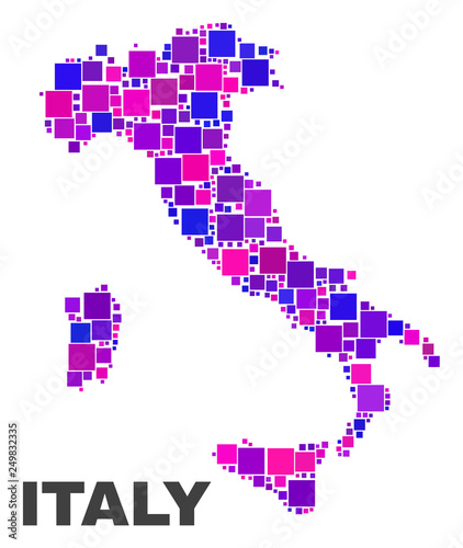 Mosaic Italy map isolated on a white background. Vector geographic abstraction in pink and violet colors. Mosaic of Italy map combined of scattered small squares.
