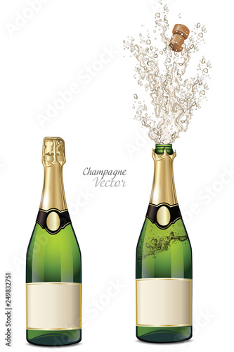 Vector closed and explosion bottles of champagne