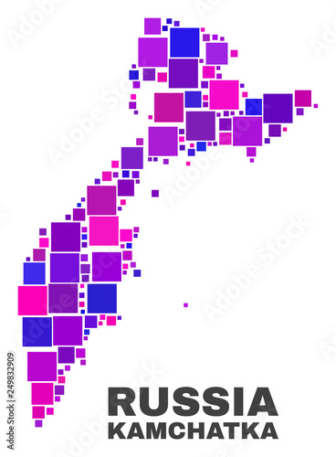 Mosaic Kamchatka map isolated on a white background. Vector geographic abstraction in pink and violet colors. Mosaic of Kamchatka map combined of random square elements.
