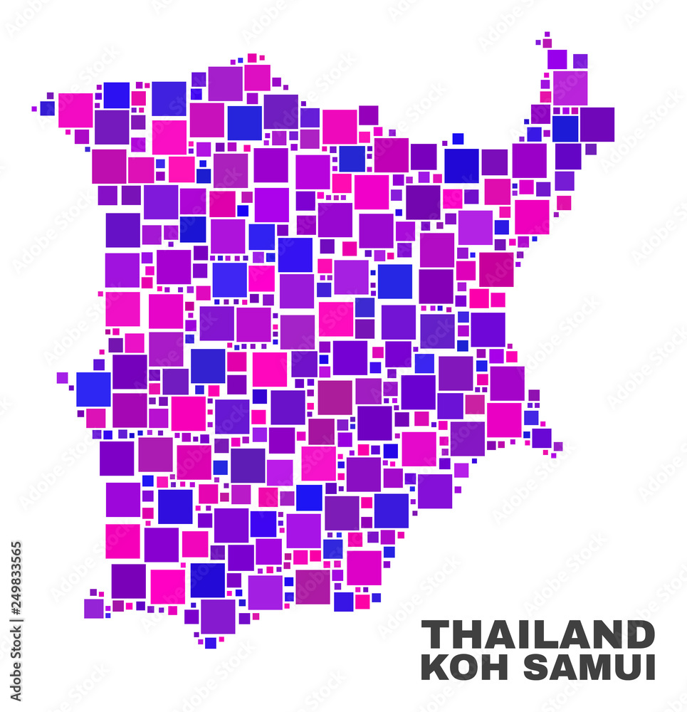 Obraz premium Mosaic Koh Samui map isolated on a white background. Vector geographic abstraction in pink and violet colors. Mosaic of Koh Samui map combined of scattered square elements.