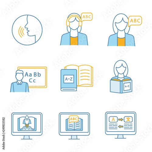 Foreign language learning color icons set