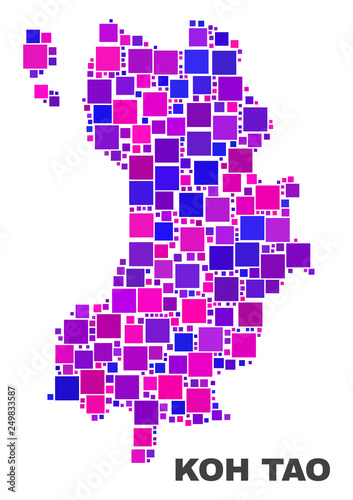 Mosaic Koh Tao map isolated on a white background. Vector geographic abstraction in pink and violet colors. Mosaic of Koh Tao map combined of scattered square elements.