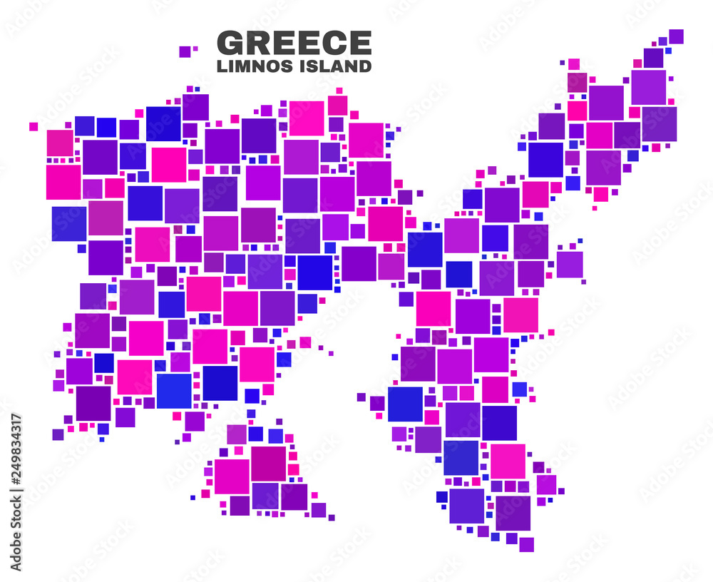 Mosaic Limnos Island map isolated on a white background. Vector geographic abstraction in pink and violet colors. Mosaic of Limnos Island map combined of scattered square items. Mosaic Limnos Island map isolated on a white background. Vector geographic abstraction in pink and violet colors. Mosaic of Limnos Island map combined of scattered square items.