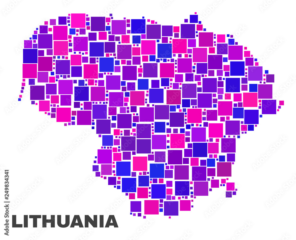Mosaic Lithuania map isolated on a white background. Vector geographic abstraction in pink and violet colors. Mosaic of Lithuania map combined of scattered small squares.
