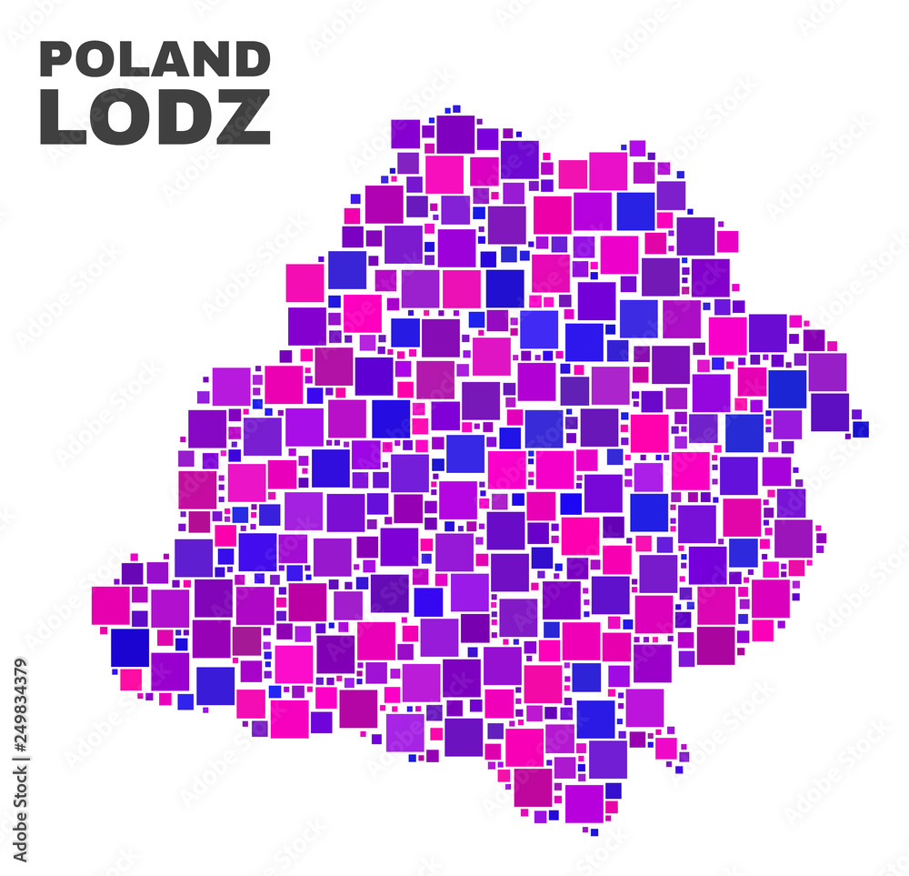 Mosaic Lodz Voivodeship map isolated on a white background. Vector geographic abstraction in pink and violet colors. Mosaic of Lodz Voivodeship map combined of random square elements.
