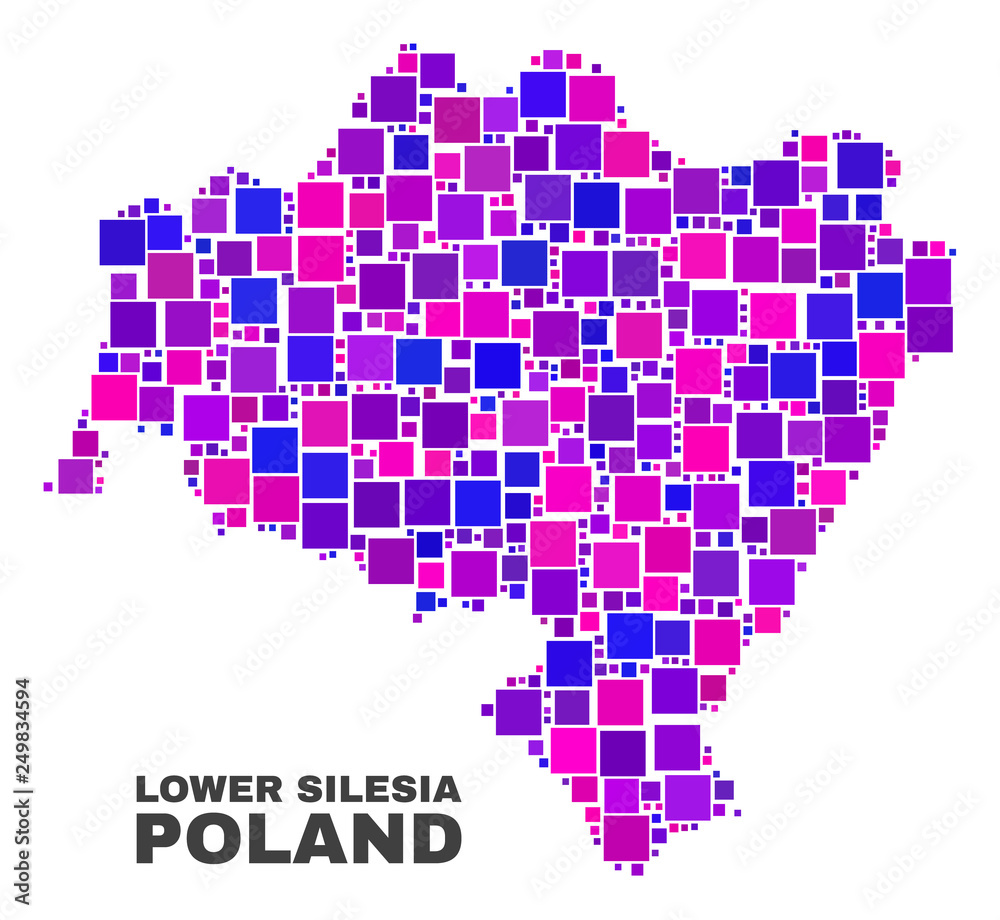 Mosaic Lower Silesia Province map isolated on a white background. Vector geographic abstraction in pink and violet colors. Mosaic of Lower Silesia Province map combined of random square elements.