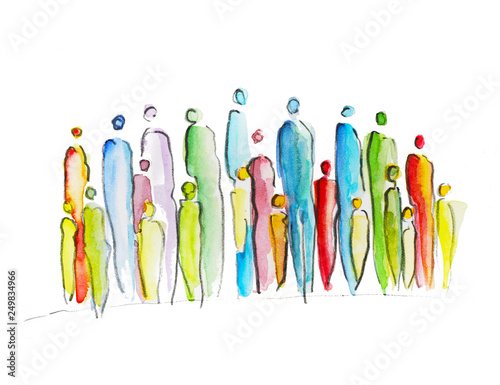 Abstract drawing of a groupe of poeple, crowd, silhouette, stay together in difficult times, solidarity in the pandemie, corona crises, help each other, hope and courage