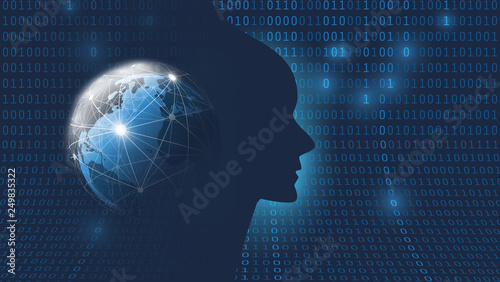     Dark Blue Futuristic Machine Learning, Artificial Intelligence, Cloud Computing, Automated Support Assistance and Networks Design Concept with Earth Globe, Network Mesh and Human Face Silhouette 