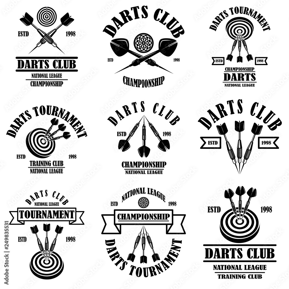 Set of darts club label templates. Design element for logo, label, sign,  poster, t shirt. Vector illustration Stock Vector | Adobe Stock