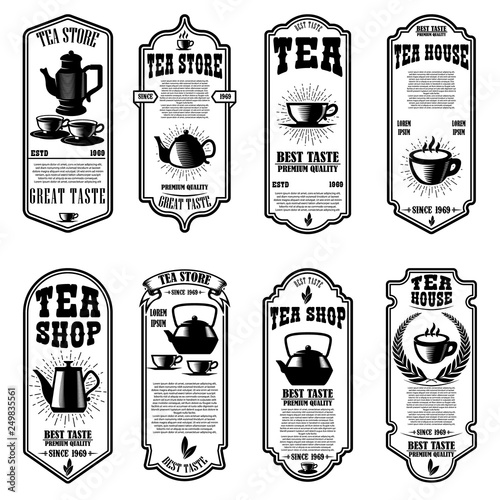 Set of tea house flyer templates. Design element for logo, label, sign, poster.