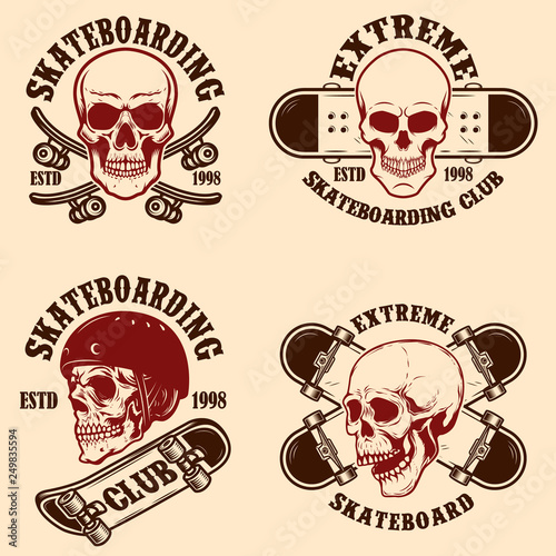 Set of skateboarding club emblems with skulls. Design element for poster, logo, sign, label, t shirt.