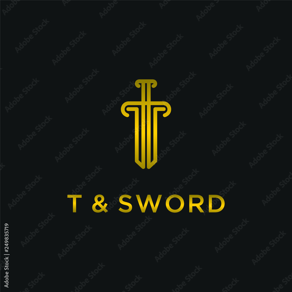 A sword logo design template. Awesome a sword with letter t logo. A sword with letter t lineart logotype.