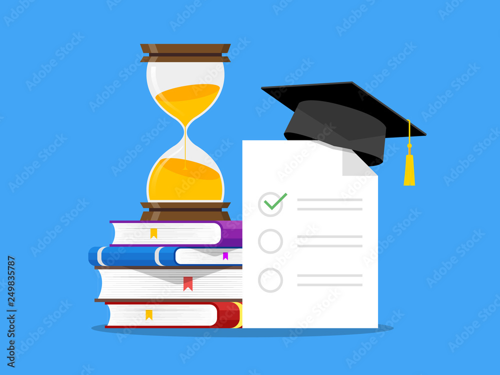 Final Test Education Stack of books Graduation Cap Hour glass