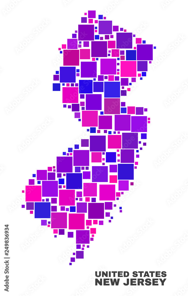 Mosaic New Jersey State map isolated on a white background. Vector geographic abstraction in pink and violet colors. Mosaic of New Jersey State map combined of scattered square items.