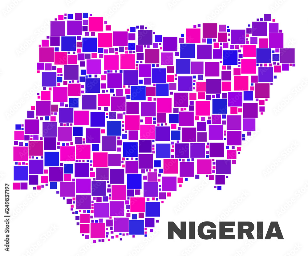 Mosaic Nigeria map isolated on a white background. Vector geographic abstraction in pink and violet colors. Mosaic of Nigeria map combined of scattered small squares.