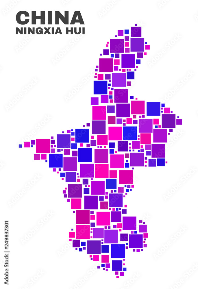 Fototapeta premium Mosaic Ningxia Hui Region map isolated on a white background. Vector geographic abstraction in pink and violet colors. Mosaic of Ningxia Hui Region map combined of random small squares.