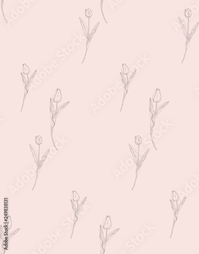 Vector Seamless Pattern with Drawn Flowers, Plants