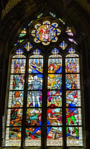 Joan of Arc war scene on colorful stained glass window inside the Cathedral of the Holy Cross in Orleans  Loire Valley  France