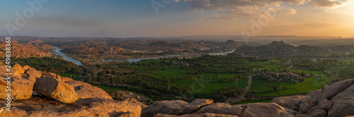 Картината върху платно panoramic view at sunset from the monkey temple hill over hampi india karnakata