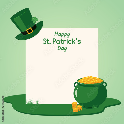 Happy St Patrick Day congratulation banner with green leprechaun hat with four leaf clover and golden coins in cauldron.