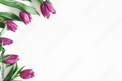 Fototapeta Naklejka Na Ścianę i Meble -  Flowers composition. Purple tulip flowers on white background. Spring, easter, mothers day, womens day concept. Flat lay, top view, copy space